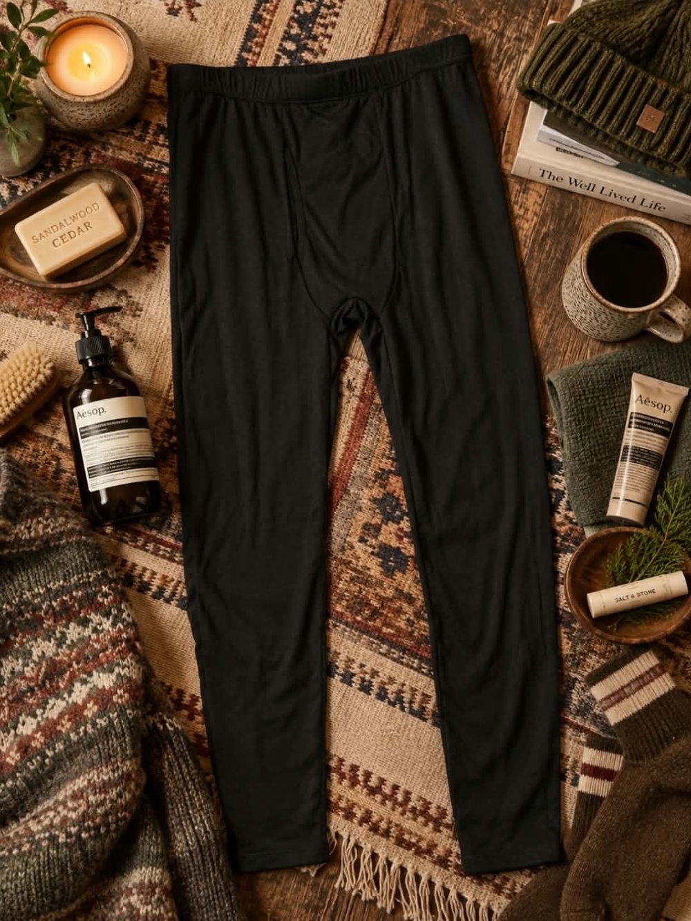 Men's Black Thermal Long Johns Base Layer Pants | Thick Cold Weather Gorpcore